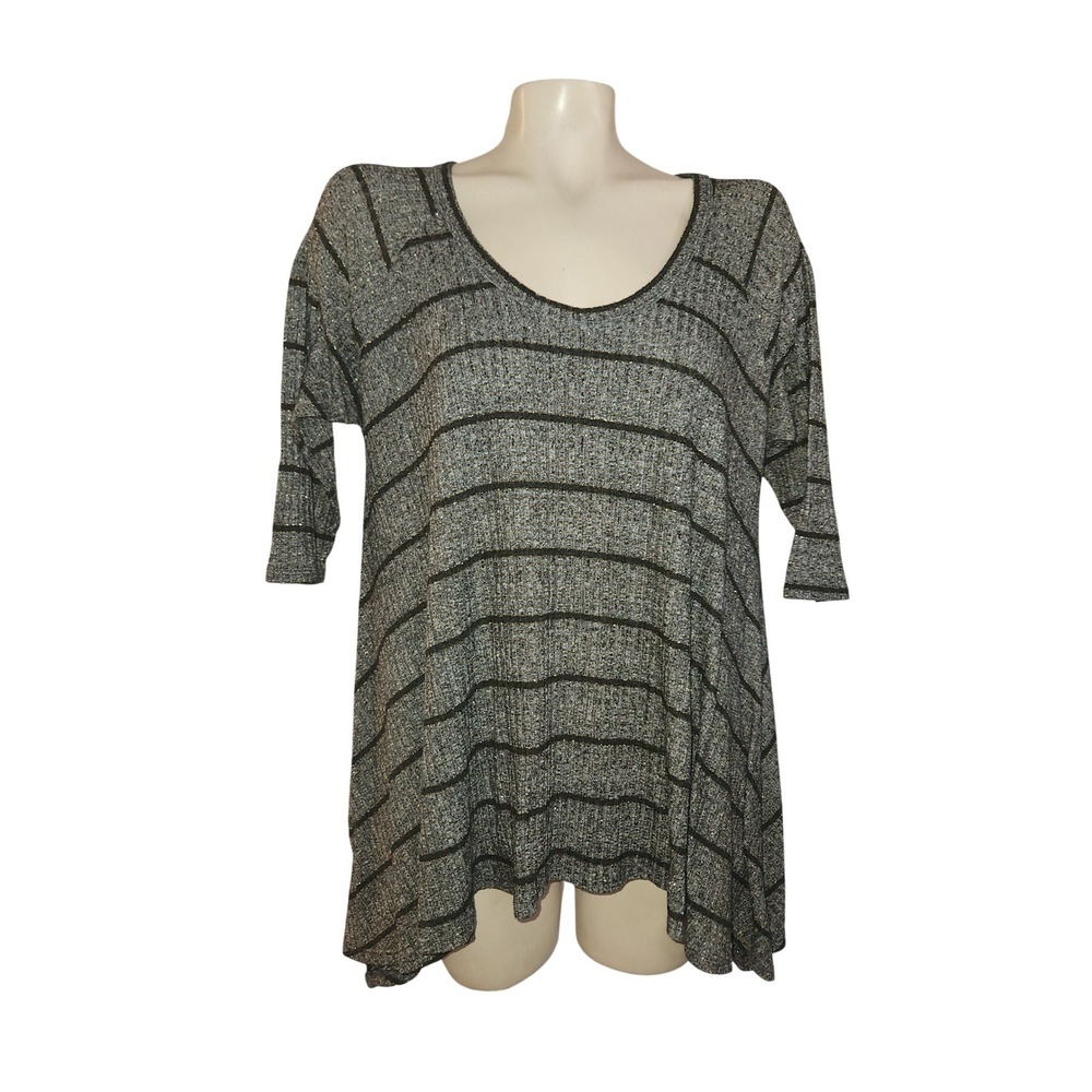 Rue+ Plus Size Grey Striped Metallic Gold‎ Shimmer Knit Tunic Top 3/4 Sleeve